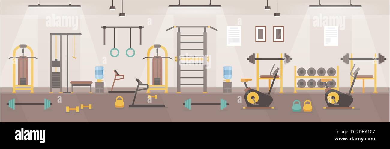 Sala palestra all'interno del club sportivo Cartoon o del centro fitness Illustrazione Vettoriale