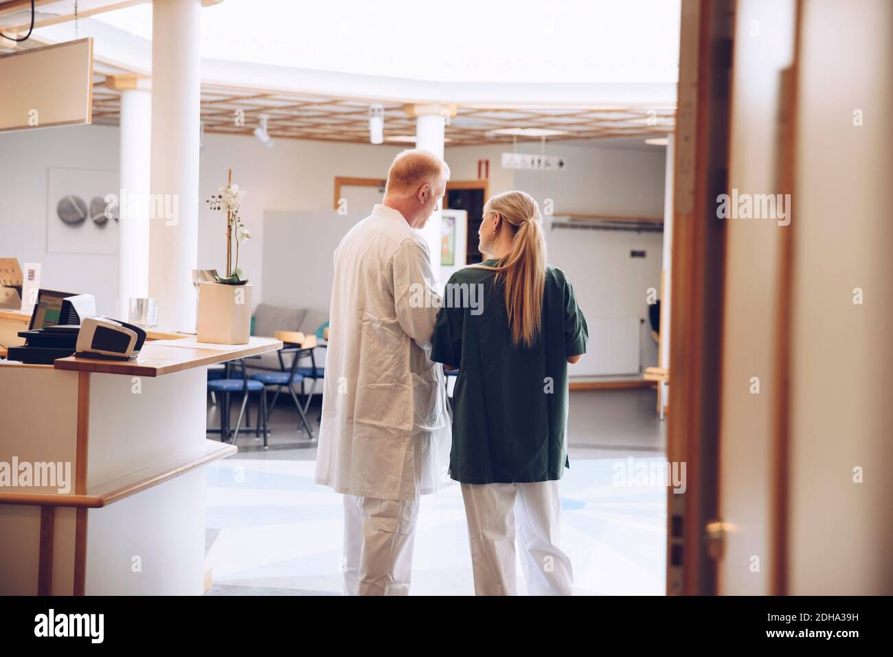 Vista posteriore dell'infermiera femminile e del medico di sesso maschile che discutono mentre in piedi nella lobby dell'ospedale Foto Stock