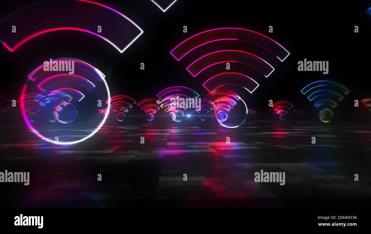 Simbolo hotspot WiFi, zona internet wi-fi, tecnologia di comunicazione, connessione gratuita e concetto di loop neon icone di rete 5G. 3D astratto futuristico rend Foto Stock