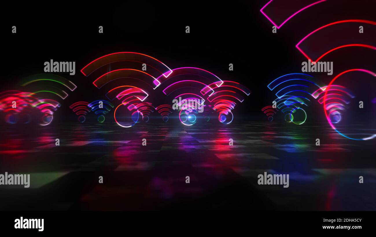 Simbolo hotspot WiFi, zona internet wi-fi, tecnologia di comunicazione, connessione gratuita e concetto di loop neon icone di rete 5G. 3D astratto futuristico rend Foto Stock