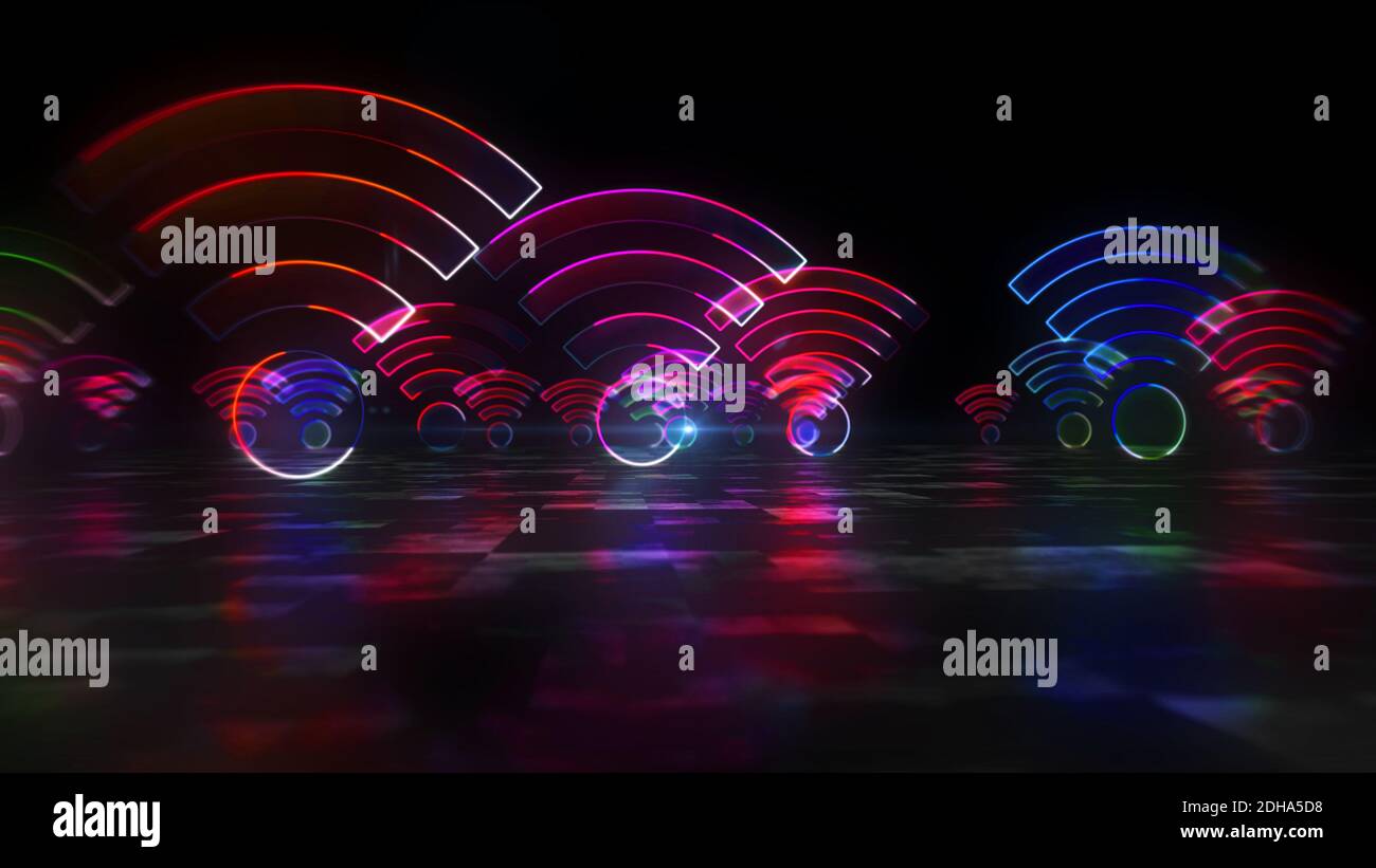 Simbolo hotspot WiFi, zona internet wi-fi, tecnologia di comunicazione, connessione gratuita e concetto di loop neon icone di rete 5G. 3D astratto futuristico rend Foto Stock