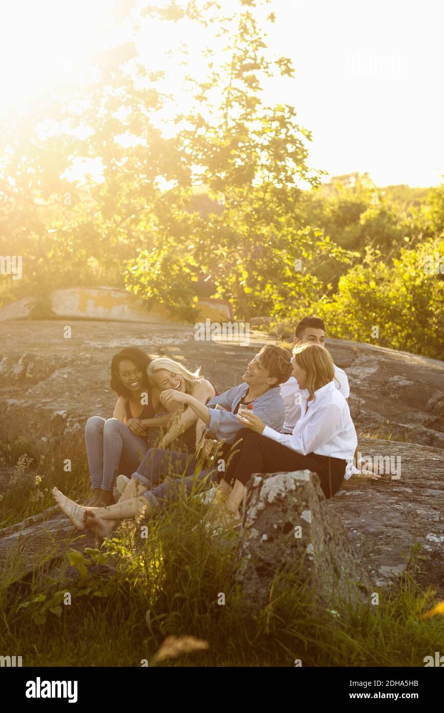 Amici felici seduti sulla formazione rocciosa contro gli alberi durante il sole giorno Foto Stock