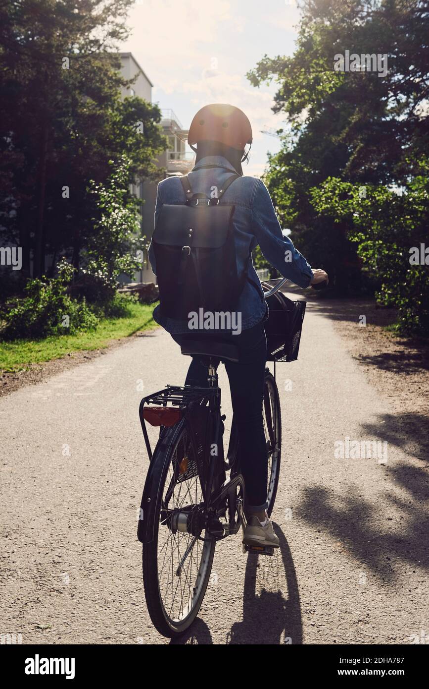 Vista posteriore della donna di mezza età in bicicletta su strada piante Foto Stock