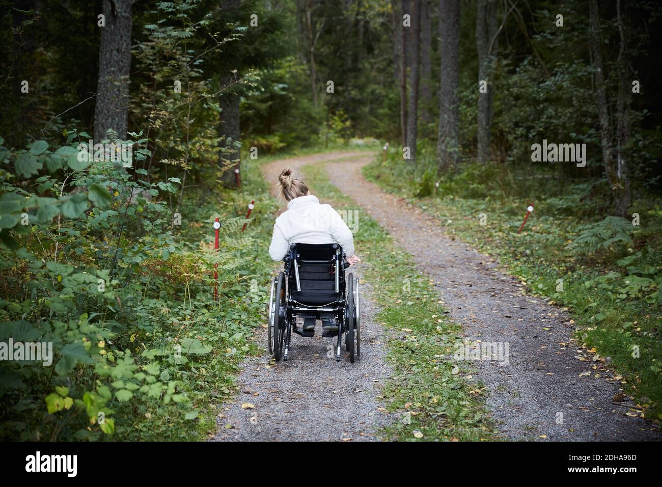 Vista posteriore di una donna disabile su sedia a rotelle su strada sterrata alla foresta Foto Stock