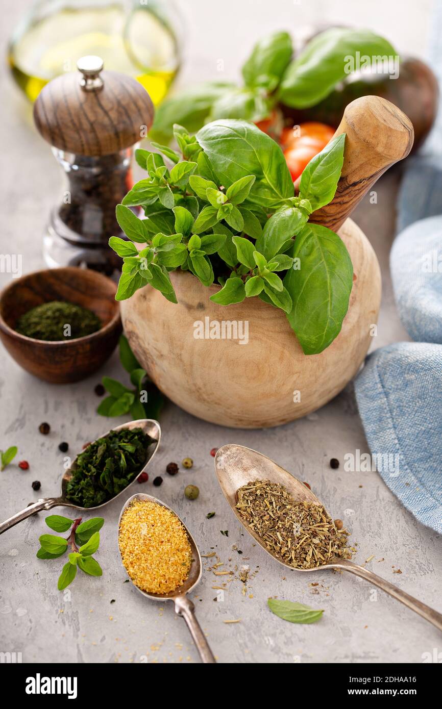 Mescolare erbe e spezie per fare il condimento greco Foto Stock