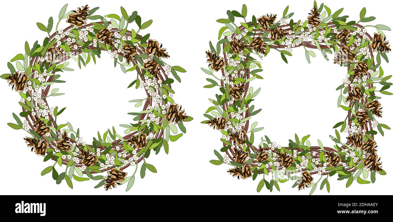 Telaio rotondo vettoriale e bordo senza cuciture con mistletoe, coni, canna da zucchero isolato su bianco. Corona e modello per il tuo design, annunciatori di Natale Illustrazione Vettoriale