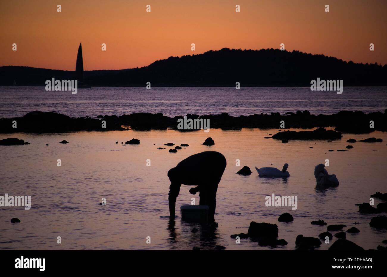 L'uomo anziano pesca al tramonto Foto Stock