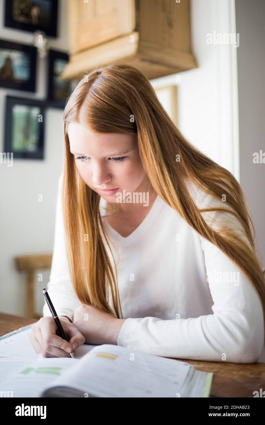 Ragazza bionda che studia a tavola mentre scrive nel libro Foto Stock