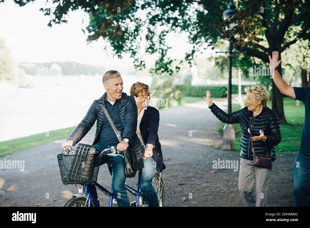 Coppia anziana che sventola gli amici in bicicletta in tandem nel parco Foto Stock