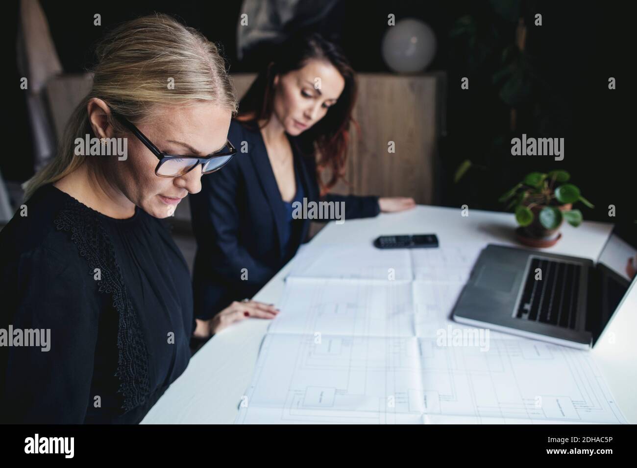 Le donne che cercano un progetto sulla scrivania in ufficio domestico Foto Stock