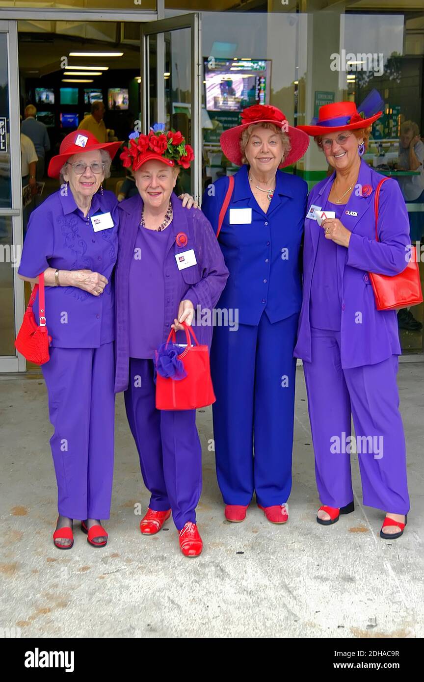 La Red Hat Society è una società internazionale di donne che collega, sostiene e incoraggia le donne nella loro ricerca di divertimento, amicizia, libertà, fu Foto Stock