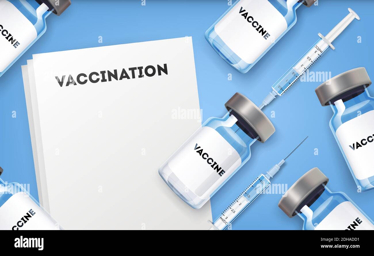 Modello di sfondo della vaccinazione. Iniezione di vaccino, iniezione con siringa e carta da prescrizione vuota con testo di vaccinazione per il coronavirus covid-19 Illustrazione Vettoriale