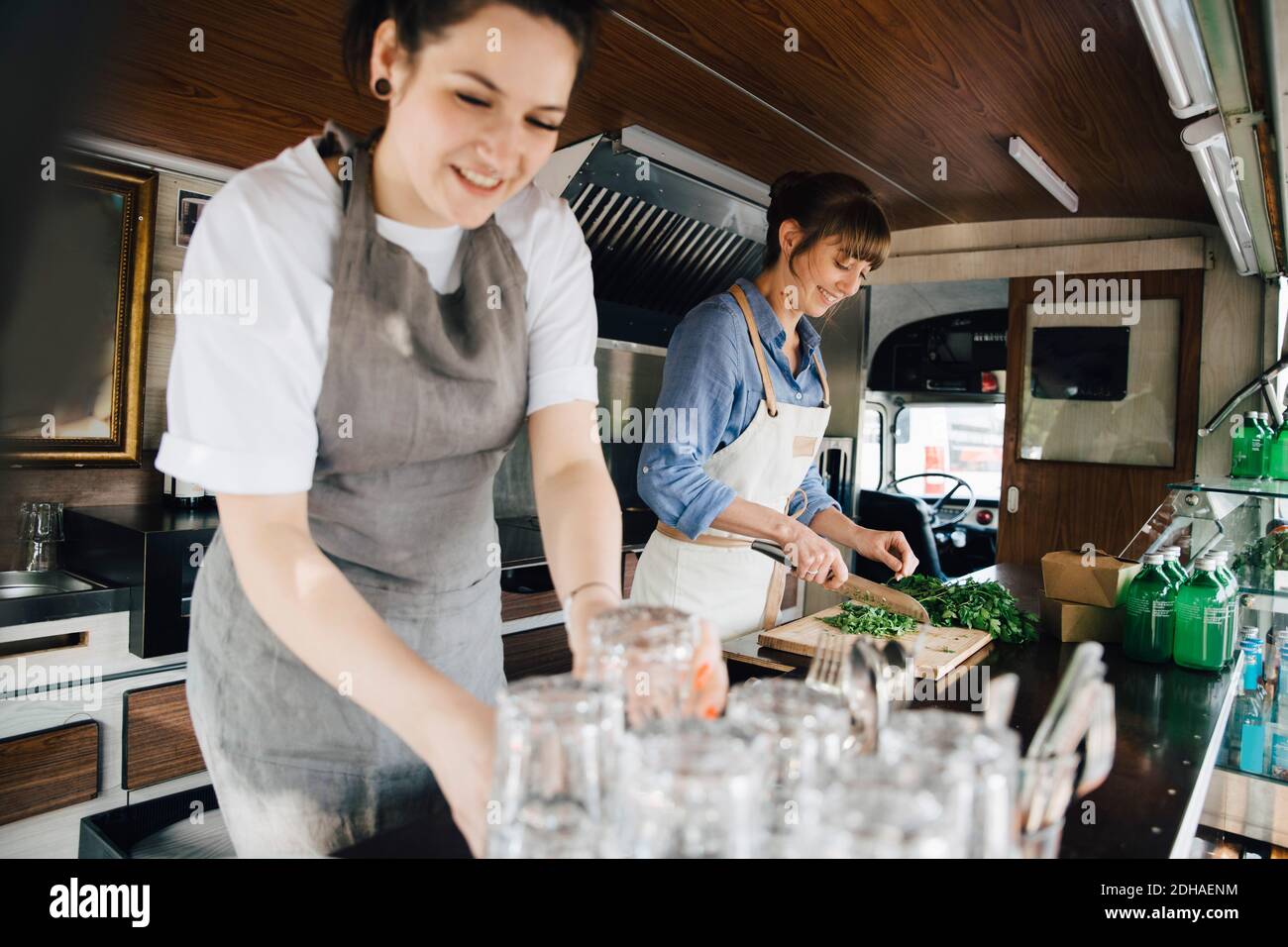 Donna sorridente che lavora con la collega in un veicolo commerciale Foto Stock