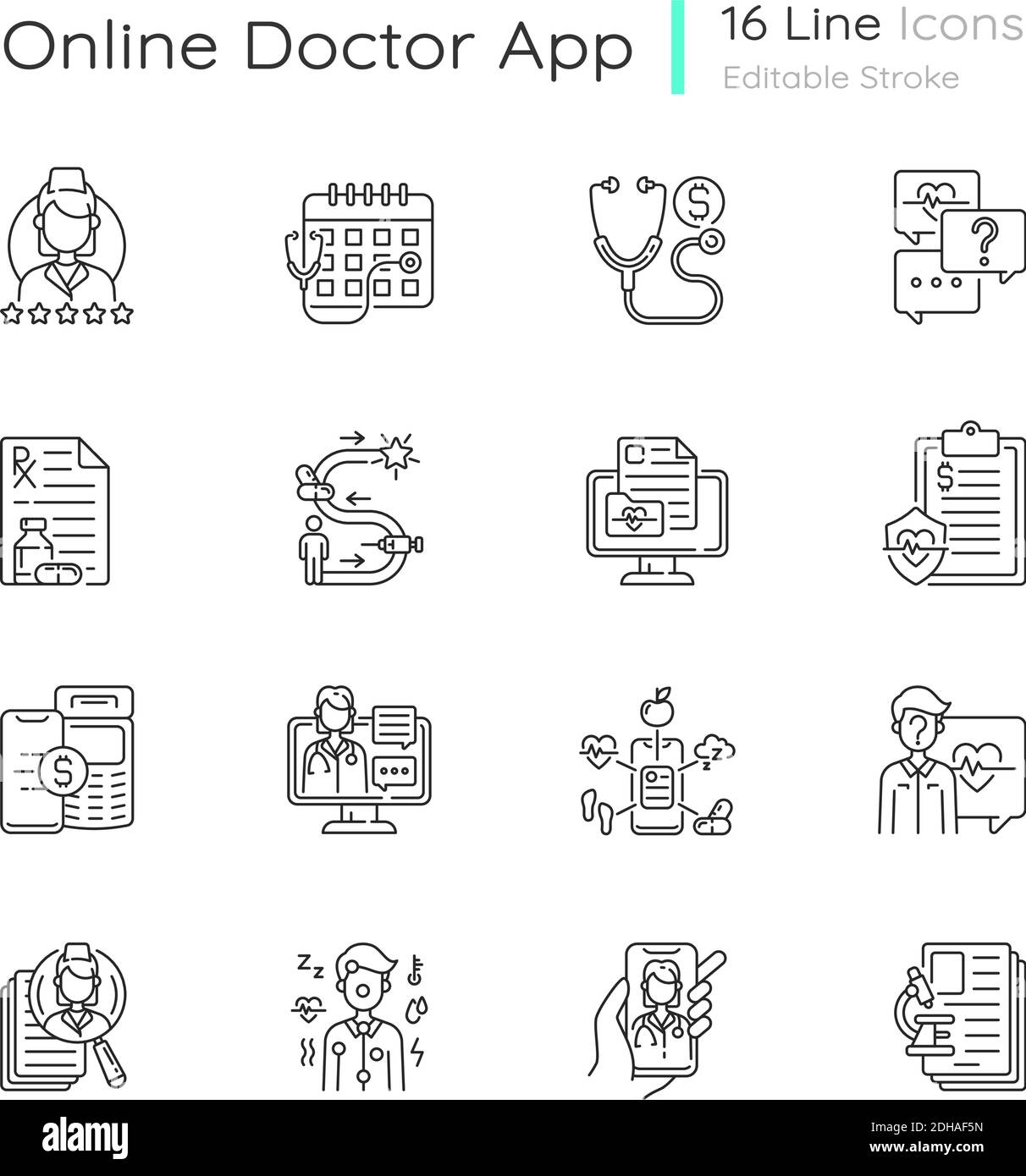 Set di icone lineari dell'app medico online Illustrazione Vettoriale