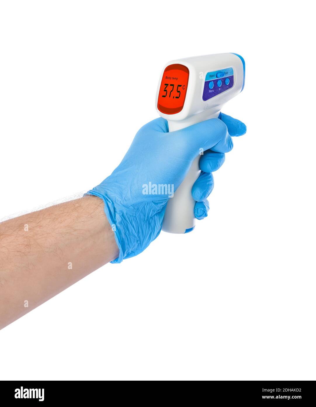 Mano con termometro a infrarossi Foto Stock