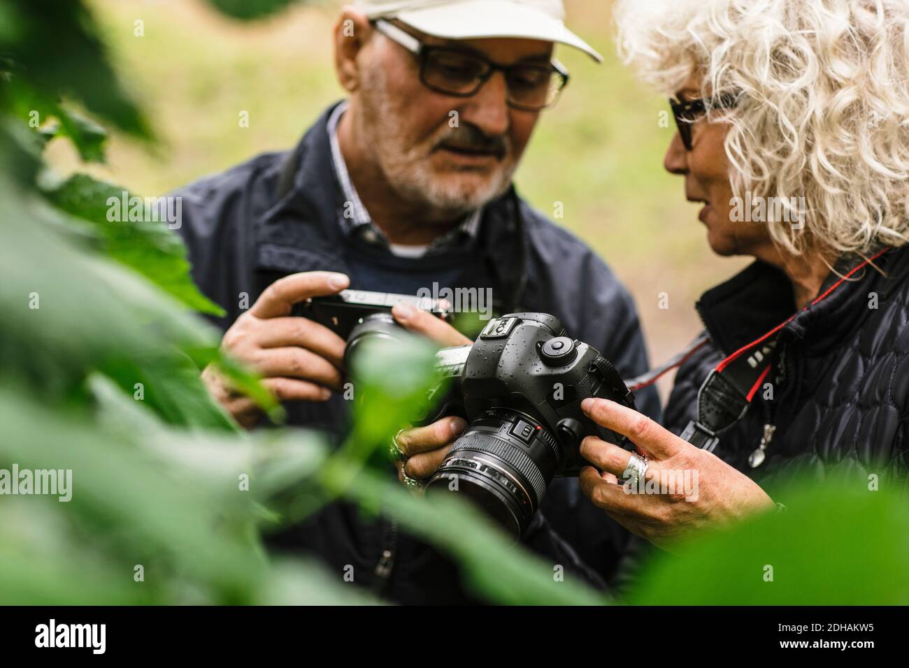 Donna anziana che parla mentre mostra la macchina fotografica ad un amico maschio durante corso di fotografia Foto Stock