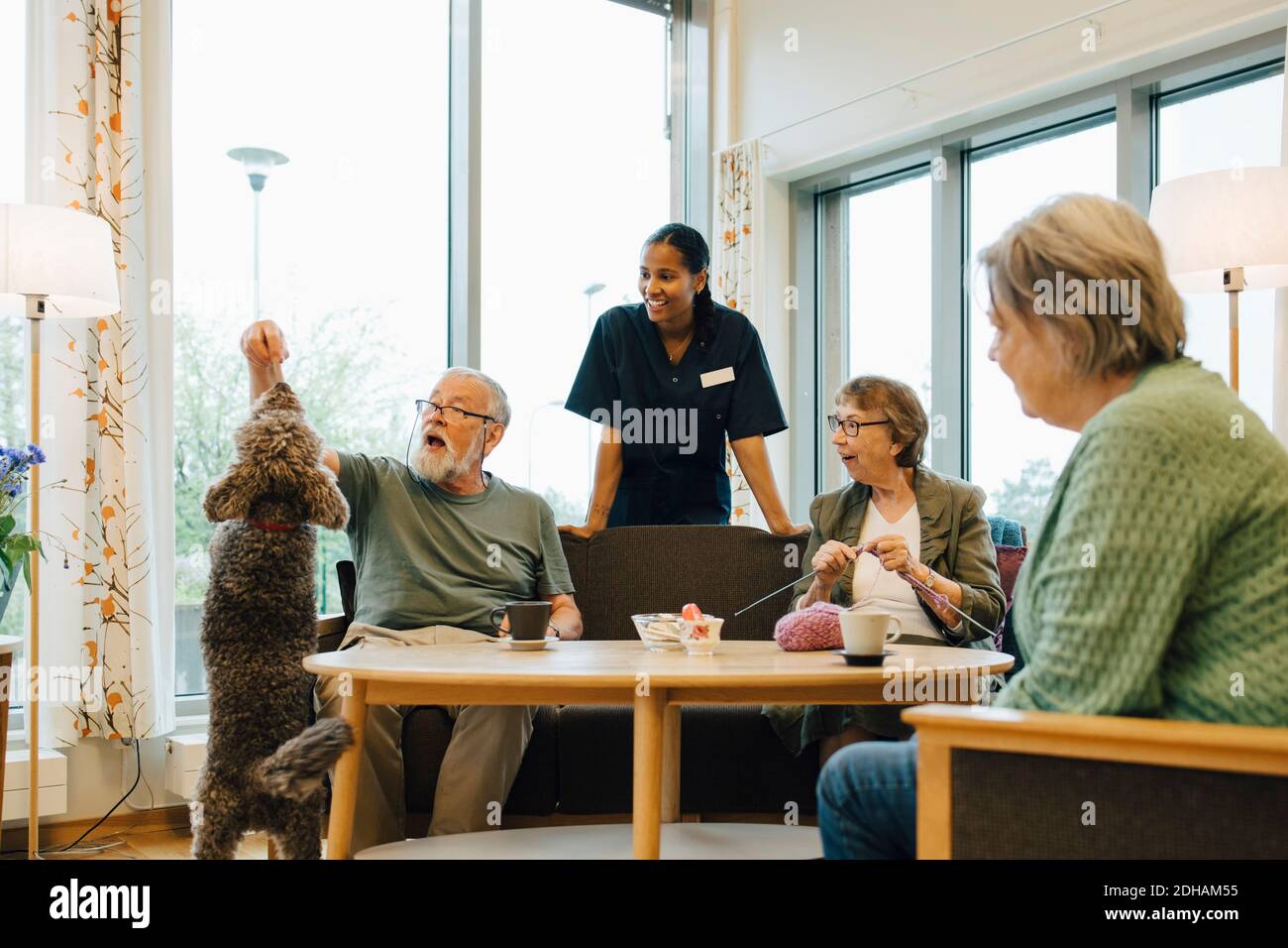 Donne che guardano l'uomo anziano che gioca con il cane in pensione casa di cura della comunità Foto Stock