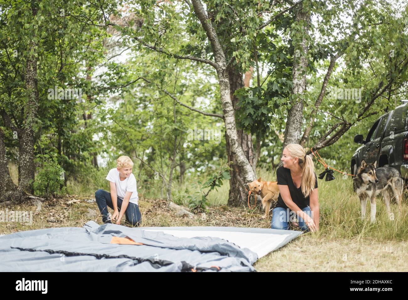 Sorridente madre e figlio pitching tenda in foresta Foto Stock