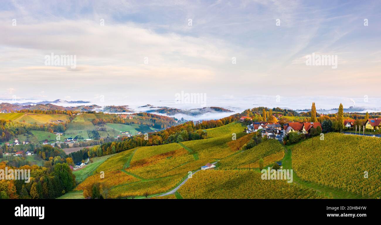 Panorama aereo da Eckberg sulle colline d'autunno e sulle Alpi nebbie in lontananza. Foto Stock