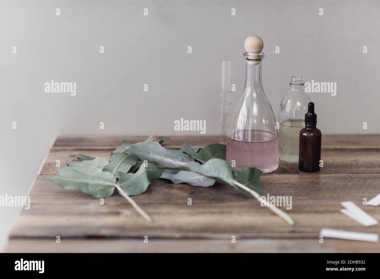 Bottiglie di profumo con strisce di tornasole e foglie su tavola di legno contro la parete in officina Foto Stock