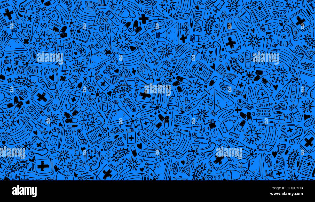 Assistenza sanitaria, virus e medicina sfondo blu doodle. Covid 19 illustrazione modello 2d isolato. Foto Stock