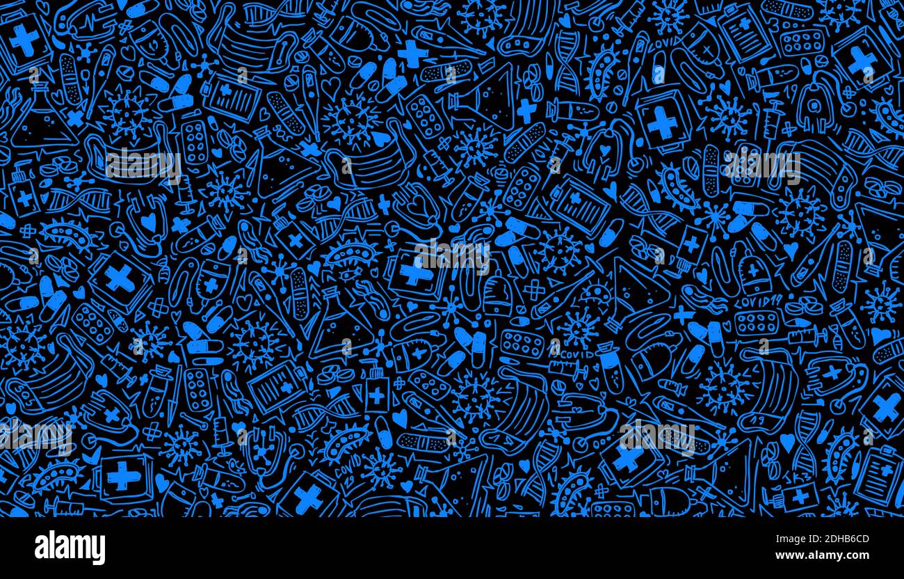 Assistenza sanitaria, virus e medicina sfondo blu doodle. Covid 19 illustrazione modello 2d isolato. Foto Stock