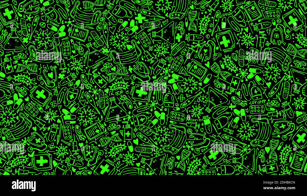 Assistenza sanitaria, virus e medicina sfondo doodle verde. Covid 19 illustrazione modello 2d isolato. Foto Stock
