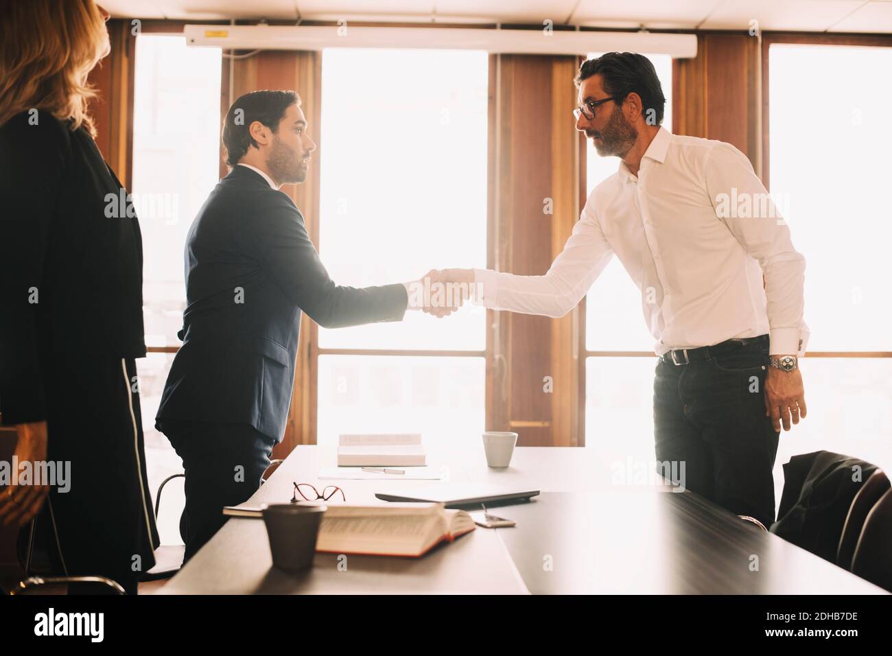 Uomo d'affari scuotendo le mani con un avvocato maschile dopo l'incontro a bordo camera Foto Stock