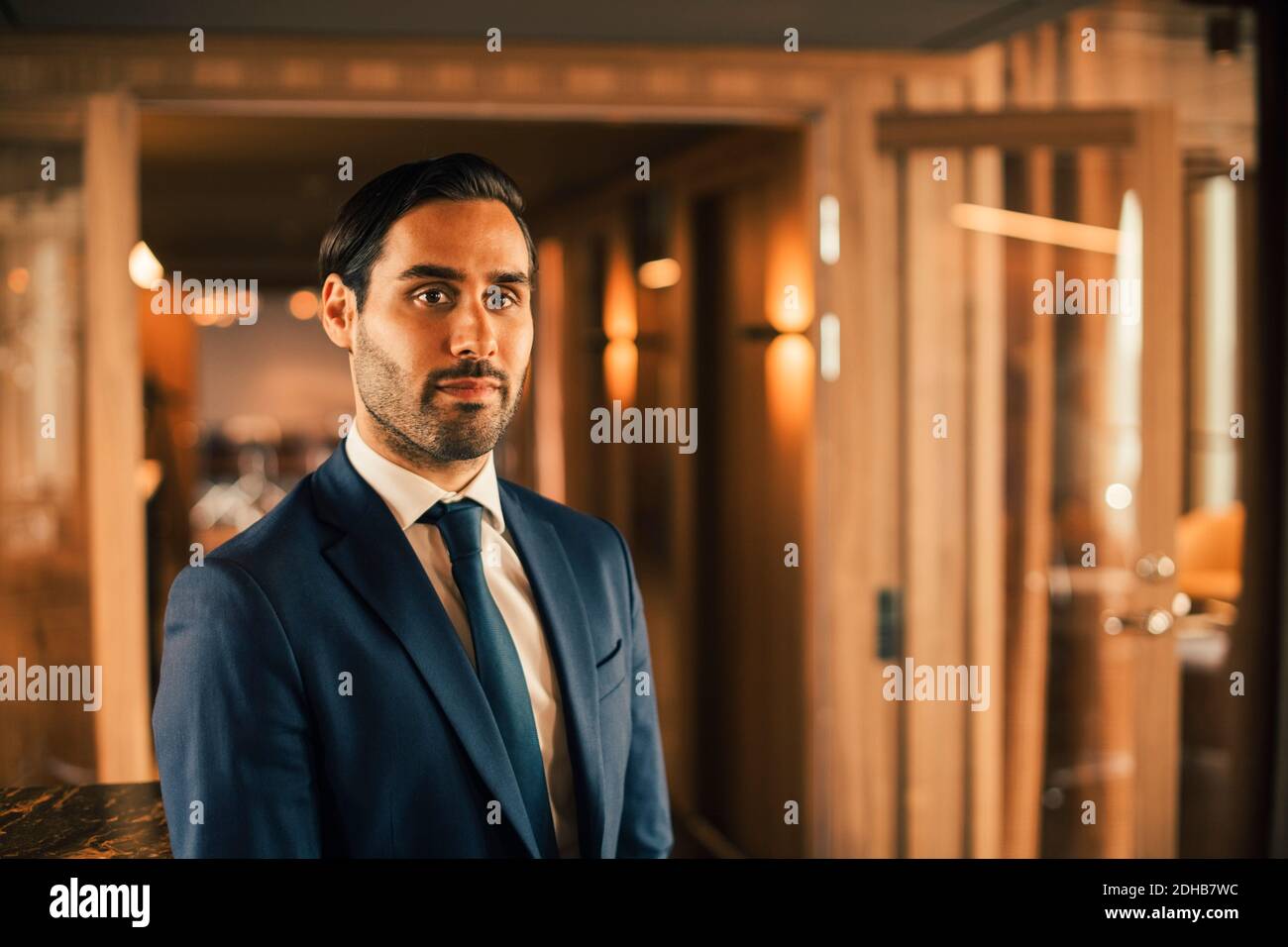 Ritratto di fiducioso consulente finanziario in formals presso l'ufficio legale Foto Stock