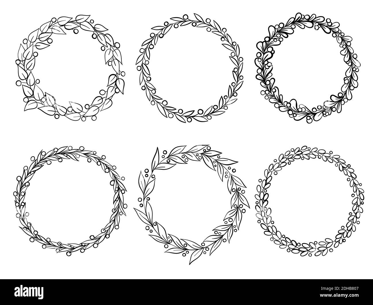 Collezione wreath vettoriale disegnata a mano. Cornice circolare floreale elemento di design per inviti, biglietti d'auguri, poster, blog. Rami delicati Illustrazione Vettoriale