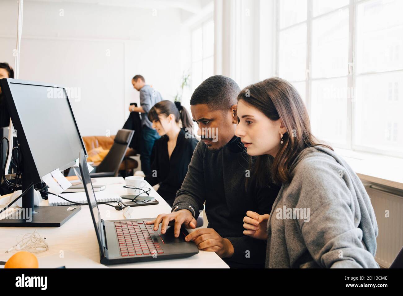 Programmatori software mirati che codificano sul computer portatile mentre si è seduti in ufficio Foto Stock