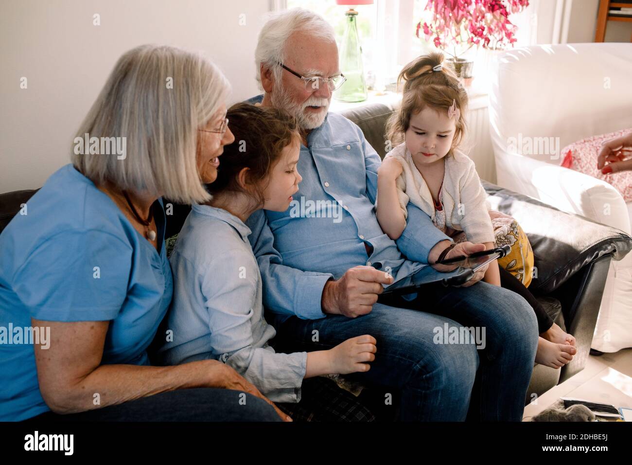 Nonni e nipoti che usano un tablet digitale mentre sono seduti in casa camera a casa Foto Stock
