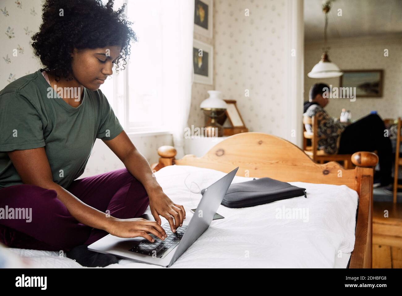 Giovane donna che usa il computer portatile a letto mentre l'amico è seduto sfondo a casa Foto Stock