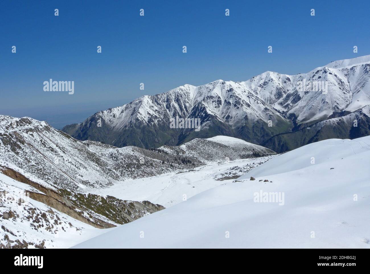 Montagne innevate Tien Snan, Ili-Alatau NP, Kazakistan Maggio Foto Stock
