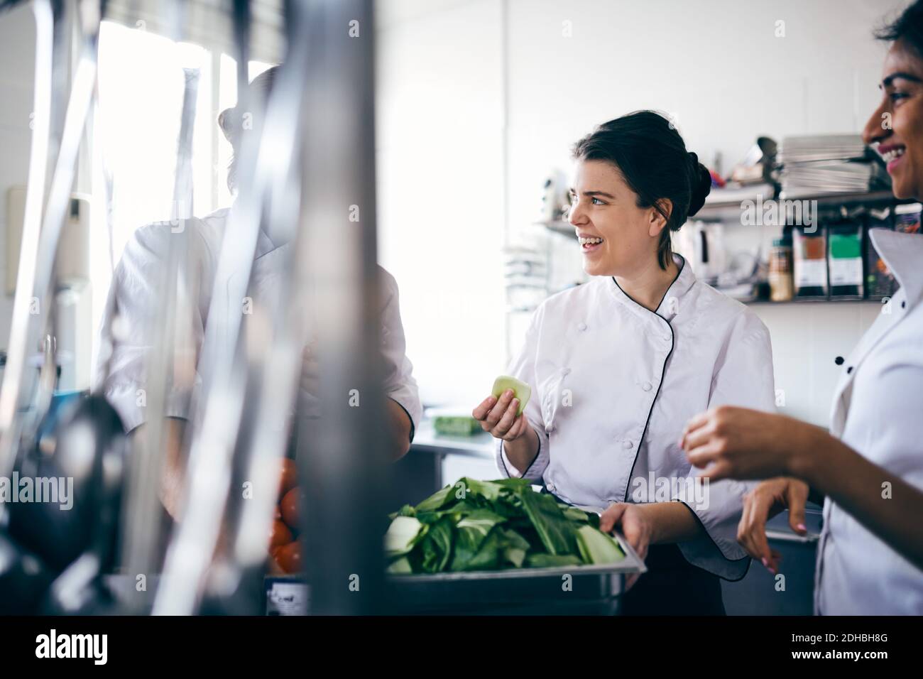 Chefs maschili e femminili che discutono sopra le verdure di foglia in commercio cucina Foto Stock