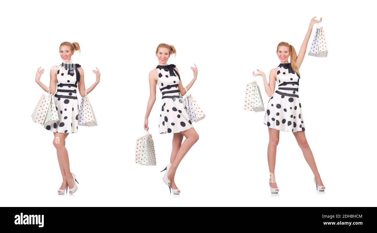 Ragazza dopo buon shopping su bianco Foto Stock