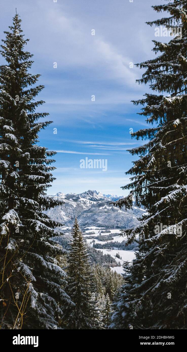 Vista verticale delle Alpi a Allgäu in una giornata di sole in inverno, Oberallgäu, Germania Foto Stock