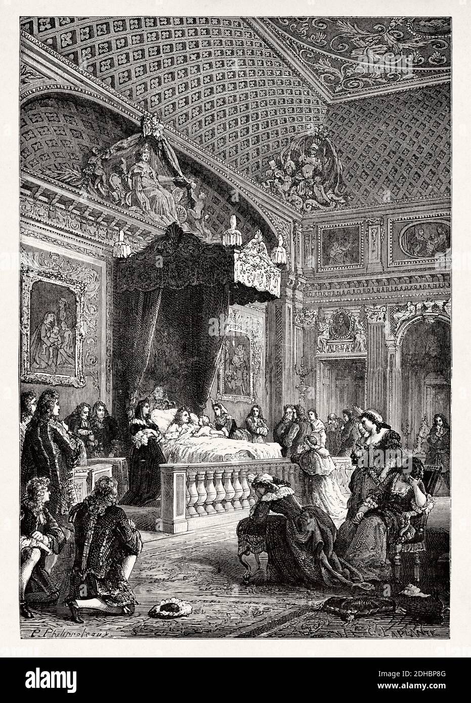 La morte di Luigi XIV a Versailles, 1 settembre 1715. Francia. Antica illustrazione dell'incisione del XIX secolo. Les Français Illubres di Gustave Demoulin 1897 Foto Stock