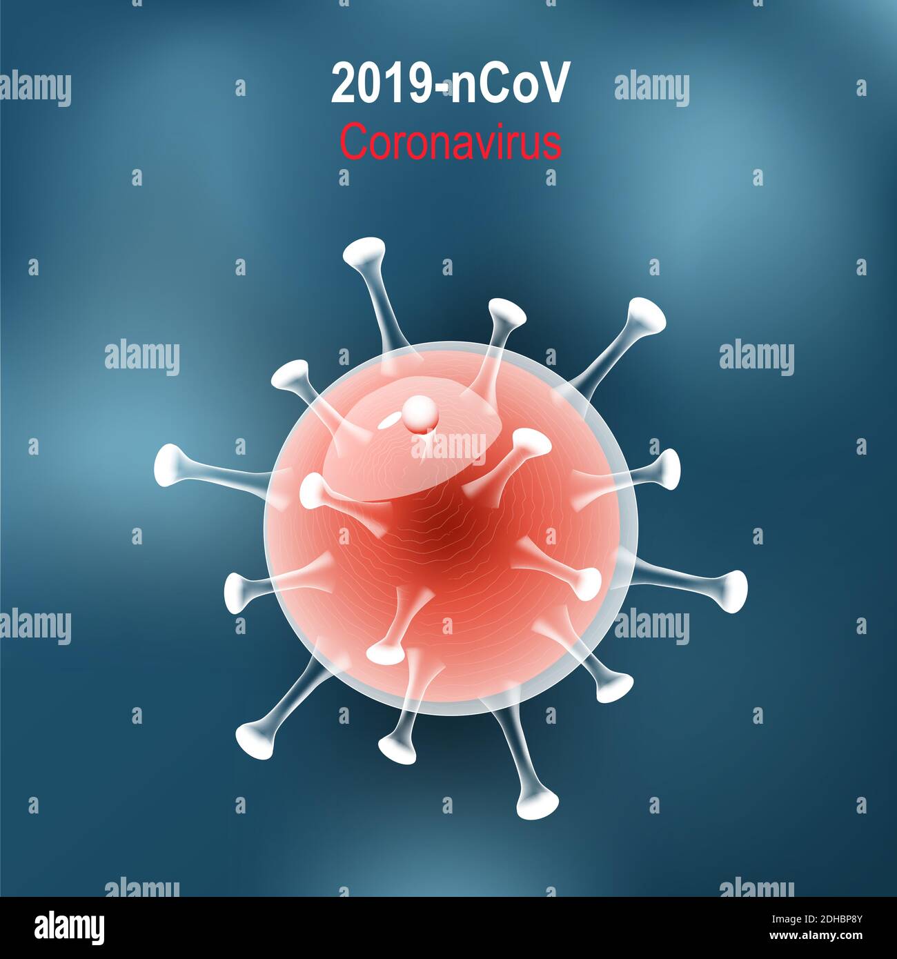 Malattia del coronavirus. Virione di COVID-19 su sfondo blu. Illustrazione vettoriale. Sotto il microscopio. MERS-Cov. Nuovo coronavirus Illustrazione Vettoriale