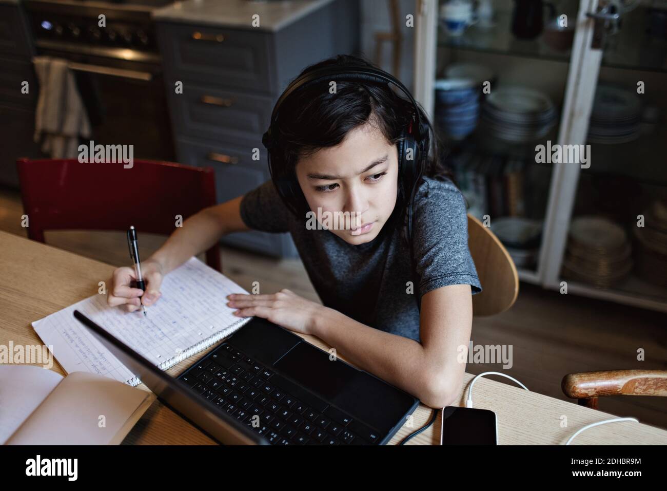 Vista ad alto angolo di un ragazzo attento che guarda lontano mentre scrive su prenotazione a casa Foto Stock