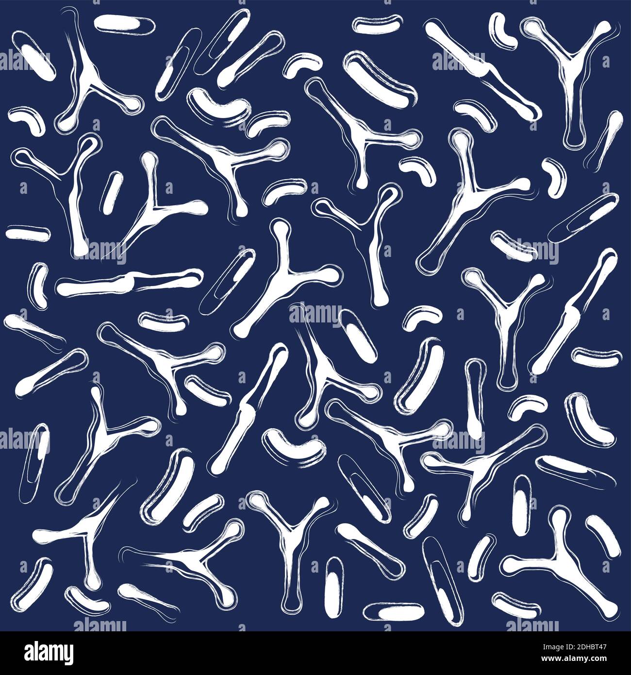 Pattern senza cuciture con batteri e probiotici. Icona bianca su sfondo blu scuro. Illustrazione vettoriale. Batterio dell'acido lattico. Biofilm, Bifidobacteriu Illustrazione Vettoriale