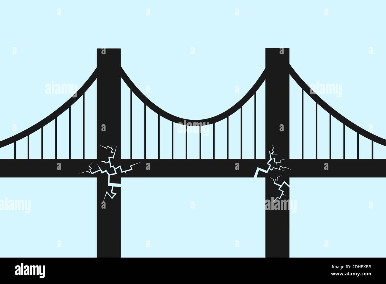 Ponte in cattive condizioni. Pericolo e rischio di guasti, guasti e collassi. Problemi e problemi di deterioramento e cattiva costruzione di trasporti e infra Foto Stock