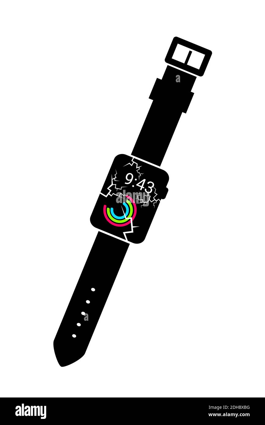 Orologio moderno e smartwatch con vetro frantumato e incrinato sullo schermo e sul display. Orologio sul viso. Illustrazione vettoriale Foto Stock