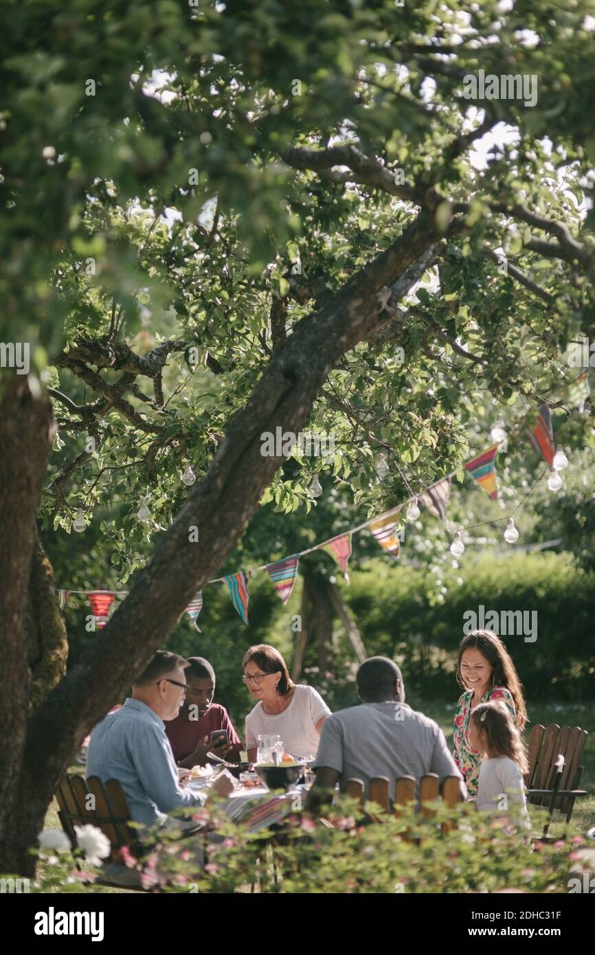 Famiglia multigenerata con pranzo in cortile durante la festa in giardino Foto Stock