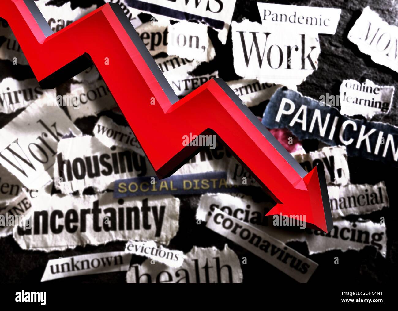 Corona Virus e notizie economiche freccia titoli Foto Stock