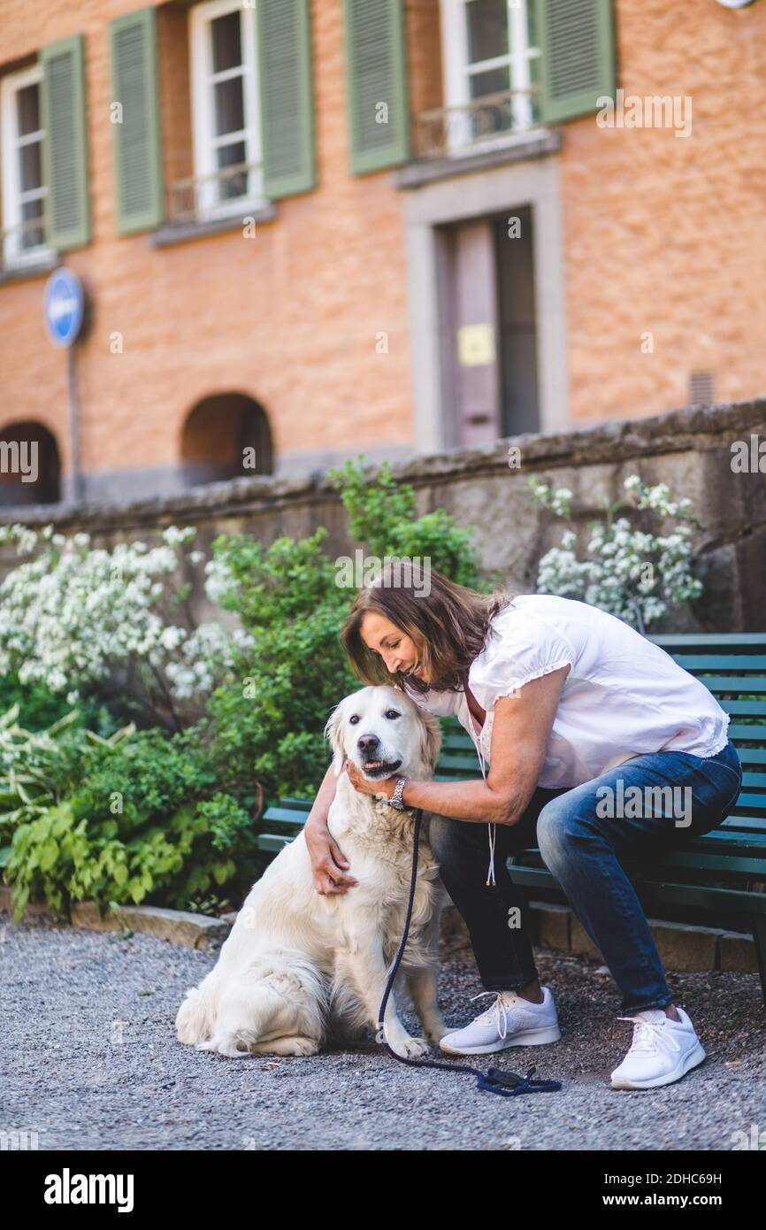 Lunghezza intera della donna anziana che abbraccia il cane mentre si siede sopra panca al parco Foto Stock