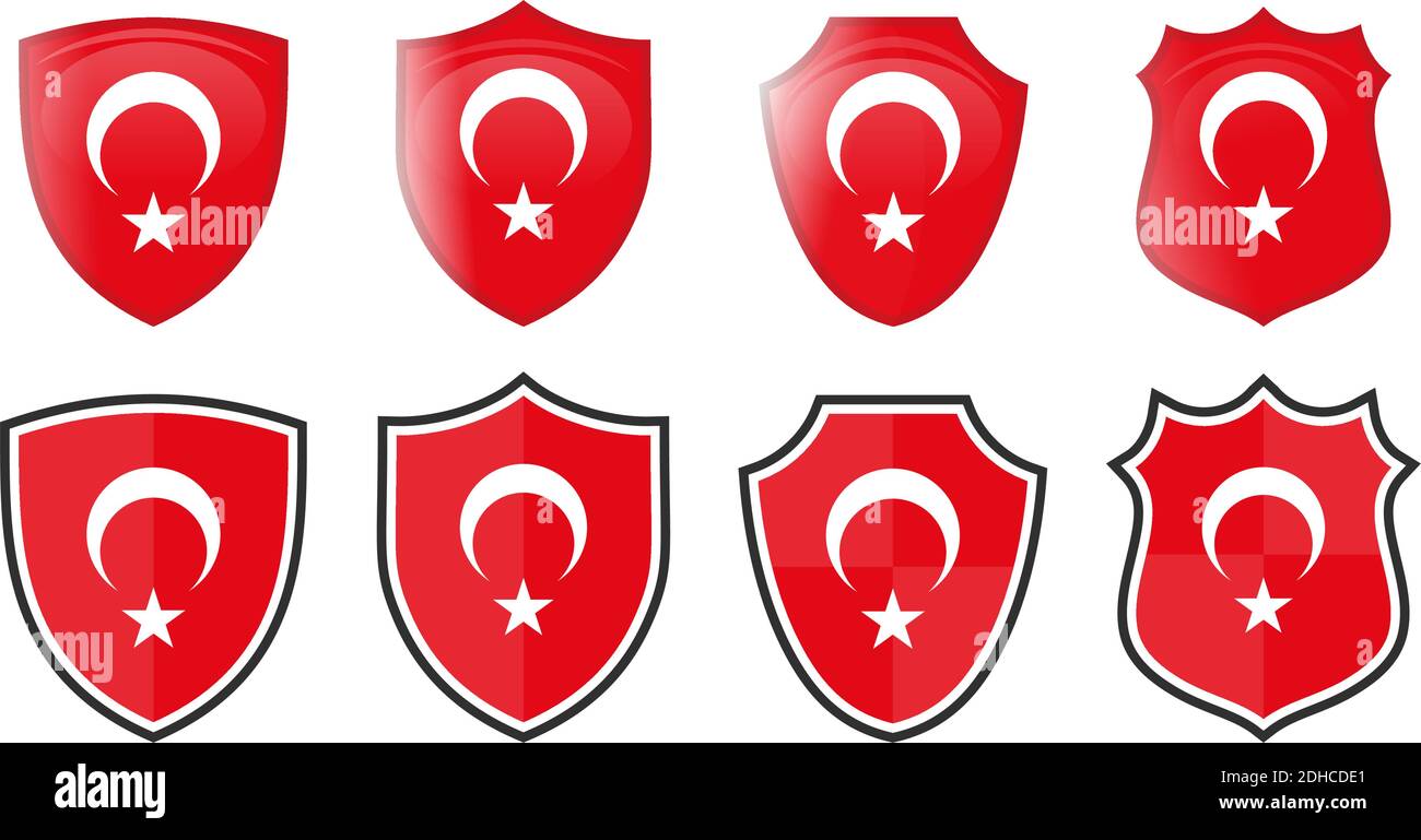 Bandiera turca verticale a forma di scudo, quattro versioni 3d e semplici. Icona / segno della Turchia Illustrazione Vettoriale