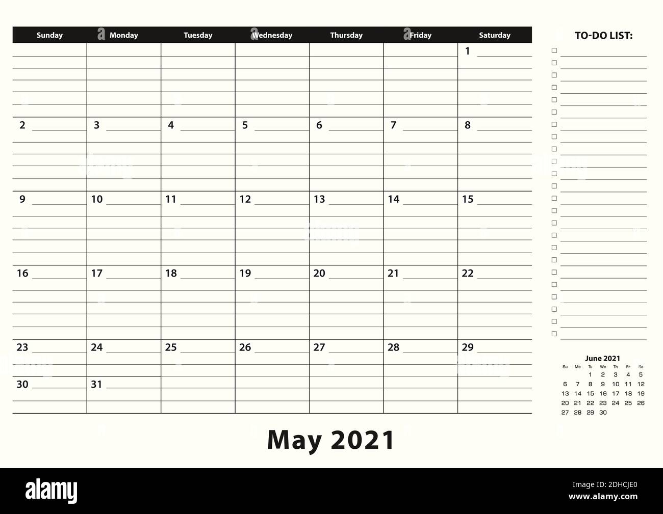 Maggio 21 Calendario mensile Business Desk Pad. Maggio 21 calendario planner con lista di cose da fare e posto per le note in bianco e nero design Immagine e Vettoriale - Alamy