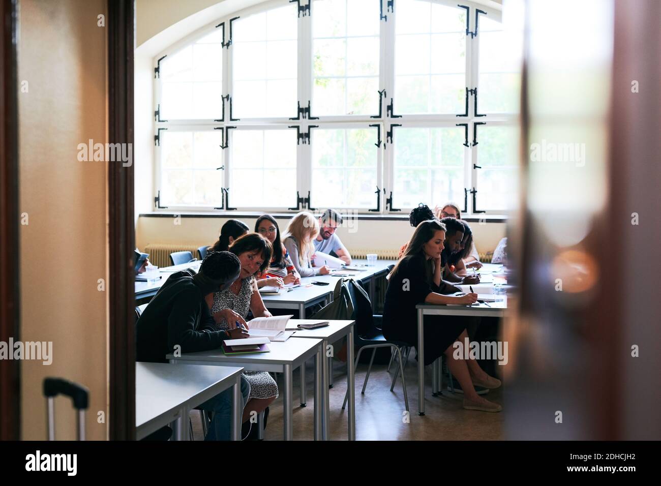Studenti multietnici seduti alle scrivanie durante la lezione di lingua Foto Stock