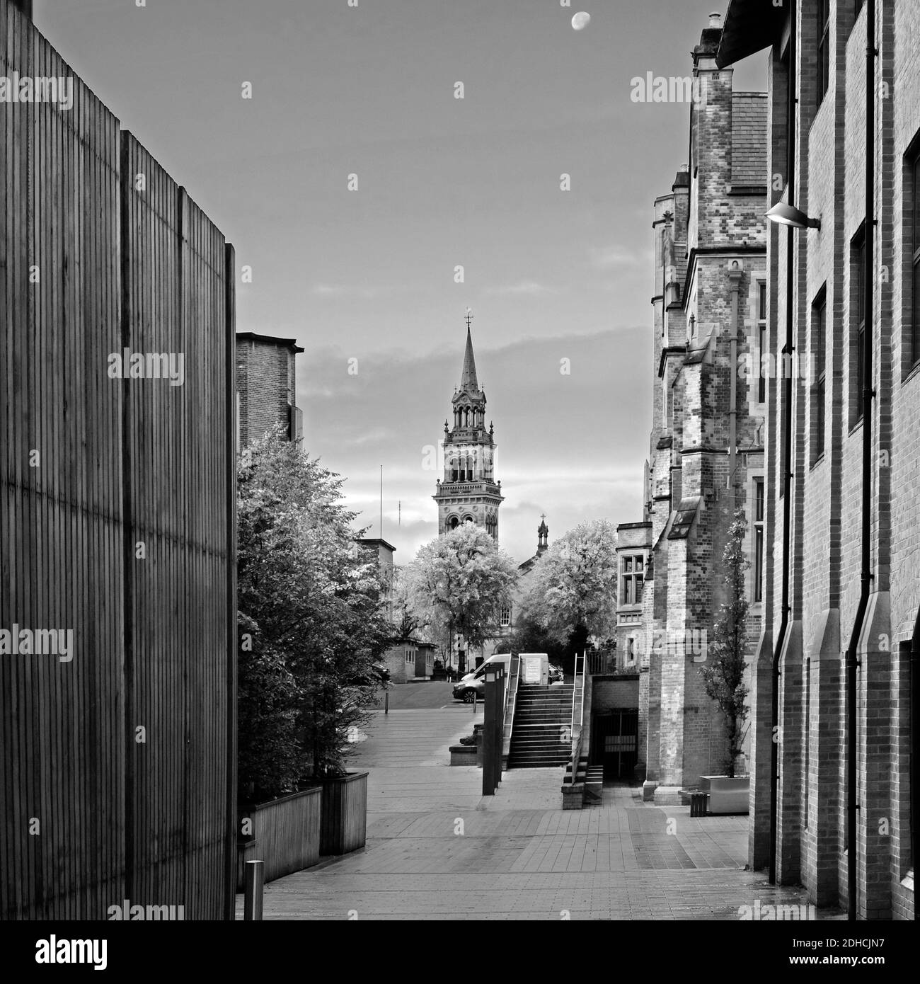 Moon & la guglia di Elmwood Hall, (ex chiesa presbiteriana), visto dalla Queen's University, Belfast Foto Stock